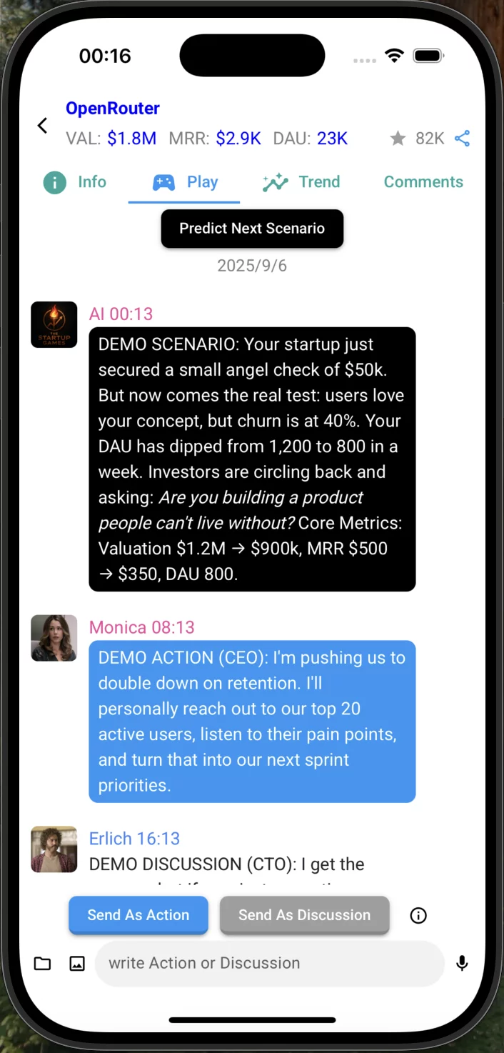 Startup game dashboard showing key metrics and decision options